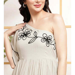 DEEBACO Women's Rayon Knee Length One Shoulder Asymmetric Tiered Embroidered Stylish One Piece <b>Dress</b> - Product Image 2