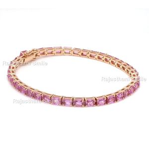 Saphir rose naturel 14K or rose massif taille émeraude pierres précieuses Bracelet de tennis 4x3mm cadeau de fête de mariage pour femme - Product Image 2