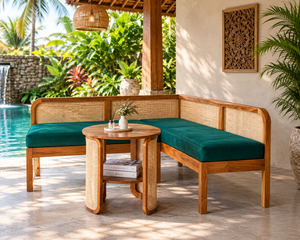 Wood Rattan Garden Sofa Set Corner <b>Bench</b> <b>Cushioned</b> <b>Outdoor</b> Lounge Seating Tropical Style Patio Furniture - Product Image 1