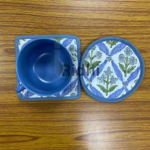 Light Steel <b>Blue</b> Quilted Piping <b>Coasters</b> Set 5x5" Bohemian Eco-Friendly Hand Block Printed Reusable Fabric Home Offices Cafes - Product Image 5