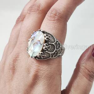 Vente en gros de bagues pour hommes en forme de coquillage d'ormeau naturel et de pierres précieuses, toutes tailles, bijoux pour anniversaires arabes, bagues en argent sterling 925 - Product Image 3