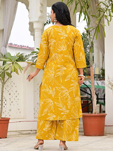 Salwar Kameez en coton imprimé feuilles jaune moutarde pour femmes, tenue ethnique de fête d'été, col en V, manches trois quarts, ensemble à séchage rapide - Product Image 2