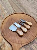 Set Pisau Keju untuk Makan Malam di Rumah dengan Gagang Kayu, Pisau Keju Stainless Steel Emas, Peralatan Panggang untuk Mentega dan Pizza