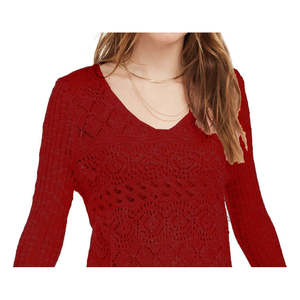 Cardigan da donna casual American Rag Junior in maglia pointelle rossa con maniche svasate, top alla moda per l'autunno inverno - Product Image 2