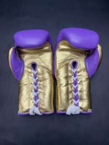 Pas de boxe pas de vie gants de boxe à lacets épais rembourrage à 4 couches évacuation de l'humidité cuir de vachette violet/or pour les combats d'entraînement - Product Image 5