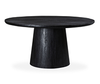 Table de salle à manger ronde en manguier massif finition noire mate sablée surface lisse piédestal conique à dessus en bois