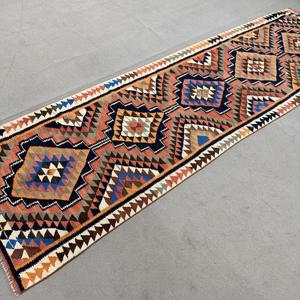 Alfombra Turca de Lana Vintage con Diseño a Cuadros Azules, 3x10.6 pies - Product Image 2