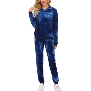 Ensemble sweat à capuche et jogging en velours tie-dye bleu pour femme, manches longues, taille élastique, survêtement décontracté, coupe régulière, vêtements d'hiver - Product Image 1