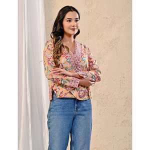 Top de Chifón con Bordado Floral Pastel, Decoración Lateral con Dori y Estampado Jaal a Mano, Asimétrico, Largo, para Fiestas Formales, Talla XL - Product Image 5