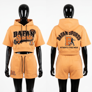 Premium 300 GSM Cotton Rich Women Crop Hoodie and Shorts Set <b>Peach</b> Breathable Fabric Custom Screen Print Logo Shorts Set - Product Image 3