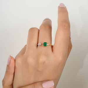 แหวนเพชรทรงแปดเหลี่ยมและมรกตทำด้วยมือสุดหรูแหวนเปิดสองโทนสีเหลือง/สีขาวเครื่องประดับทอง18K - Product Image 6