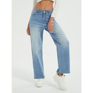 Jean droit taille haute pour femme Paola Riboni, délavage clair, orné de strass, coupe ample, longueur intégrale, en denim, idéal pour l'été et l'automne - Product Image 3