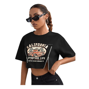 Breathable Women's Letter Graphic Print Short Sleeve Zipper Tee Shirt Crop Top Customize OEM/ODM Quality Cotton Croptop Tees - Product Image 1