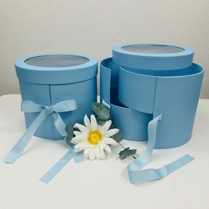 TRIHO TRb- 1479กล่องของขวัญดอกไม้ทรงกลม,กล่องของขวัญดอกไม้รูปทรงกลม2ชั้นพร้อมฝาปิดสีฟ้าน้ำทะเลสำหรับตกแต่งงานเลี้ยงวันเกิดงานแต่งงาน - Product Image 2