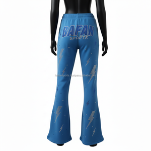 Pantalones Acampanados de Mujer de Alta Calidad, Mezcla de Algodón y Felpa, 300 GSM, Acabado Liso, Color Azul, Logotipo Serigrafiado - Product Image 2