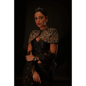 Sari de luxe noir pour femmes, avec chemisier orné, tenue de soirée, mode ethnique - Product Image 2