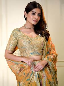 ชุดเลเฮนกาทรงเอไลน์ยาวกรอมพื้น ลายดอกไม้หลากสีสัน ผ้าออร์แกนซ่า ประดับเลื่อมละเอียด ปักดิจิตอล สำหรับงานกลางคืน - Product Image 4