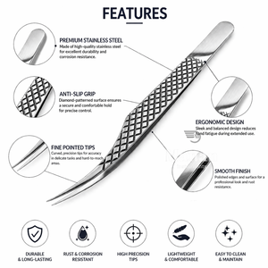 Pince à épiler de précision courbée en acier inoxydable, pince à épiler pour extensions de cils, pointe fine, poignée antidérapante, outil professionnel - Product Image 2