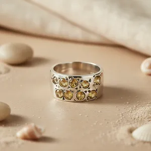 Vintage <b>925</b> <b>Silver</b> <b>Ring</b> With Yellow Crystal Bezel Setting Unisex Gemstone Band Everyday Wear - Product Image 1