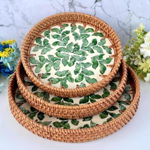 Organisateur de cuisine plateau vadrouille en rotin fabriqué à la main top vente plateaux incrustation de nacre plateau de revêtement de coquille - Product Image 4