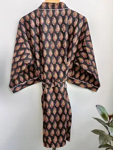 New Trendy Black Cotton Kimono Robe for Women Floor-Length <b>Cardigan</b> Design Available at Bulk Price - Product Image 4