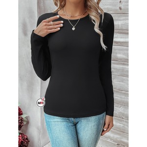 Chemises slim en tricot côtelé à manches longues en coton doux pour femmes, col ras du cou, hauts basiques, t-shirt décontracté, tenues d'entraînement de sortie pour femmes - Product Image 1