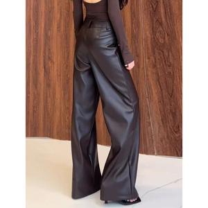 Pantalon en cuir PU marron pour femmes grandes tailles, taille haute, jambe droite, décontracté, longueur au sol, automne hiver, nouveau style - Product Image 2