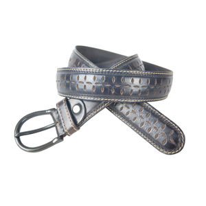 Ceinture en cuir véritable de style décontracté pour hommes, motif floral perforé, longueur personnalisée, double couture latérale, boucle en laiton de qualité supérieure pour les jeunes - Product Image 1