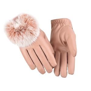 Guantes de Piel de Oveja para Mujer, Guantes de Invierno de Cuero Auténtico con Pelo de Conejo, Venta al Por Mayor - Product Image 4