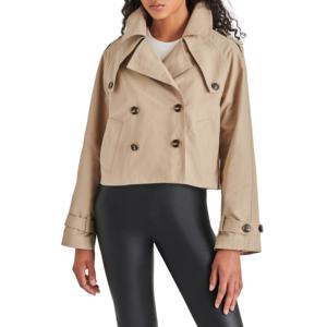 Gabardina corta para mujer, chaqueta informal holgada de manga larga con solapa y doble botonadura, abrigo de oficina de estilo abotonado de Color Beige - Product Image 1