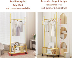 ชั้นวางเสื้อแขวนพื้นทองโลหะหรูหราห้องนั่งเล่นมัลติฟังก์ชั่ขาตั้งต้นไม้บ้านจัดเก็บเสื้อผ้าที่มีล้อ - Product Image 4