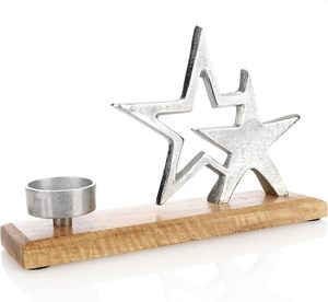 Candelabro Moderno con Estrella Plateada, Base de Madera, Decoración Navideña para Mesa, Diseño Geométrico, Decoración Invernal para el Hogar - Product Image 1
