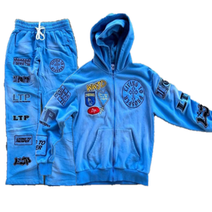 Chándal de lana de algodón 100% pesado personalizado, conjunto de pantalones de chándal con cremallera lavada con ácido, estampado Unisex de talla grande térmica Premium - Product Image 6