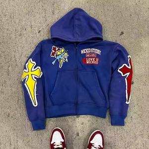 Sweat à capuche brodé en coton éponge français personnalisé 500 g/m² Lavage à l'acide Sweat à capuche zippé lavé Broderie Patch Hoodies - Product Image 4