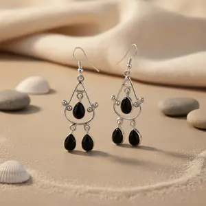 Boucles d'oreilles pendantes en argent 925 pour femmes, onyx noir, plaqué or, avec perle et diamant pour mariage - Product Image 3