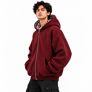 <b>Men's</b> <b>Burgundy</b> Oversized Zip Up <b>Hoodie</b> Custom Zebra Print Satin Hood Lining Streetwear Zipper Jacket for <b>Men</b> - Product Image 3