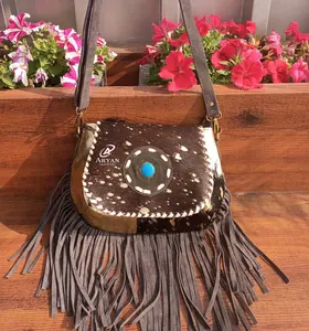 New Real Hair On Hide Metallic Fur Leather Crossbody Bag Western Style Suede Leather Fringe Middle Stone Sling Purse Women Gifts