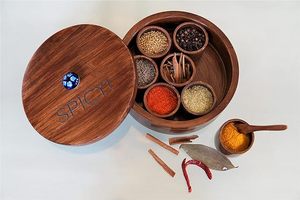 Budget-Friendly Hand-Carved Wooden Masala <b>Box</b> with <b>Removable</b> Spice Containers for Everyday Home Kitchen Use and Kitchen Decor - Product Image 3