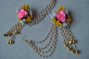 Bijoux floraux traditionnels Mehndi pour la mariée avec collier bague boucles d'oreilles Maang Tikka et Bracelet Rose - Product Image 4