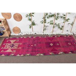 Vintage 3.2x10.4 ft <b>Runner</b> <b>Rug</b>, Turkish <b>Rug</b>, Herki Pink Bordered <b>Rug</b> - Product Image 3