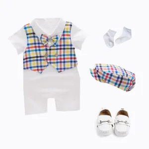 Baju monyet bayi laki-laki, setelan baju monyet lengan pendek motif garis-garis + Sepatu + Kaus Kaki + topi untuk bayi baru lahir ulang tahun 1