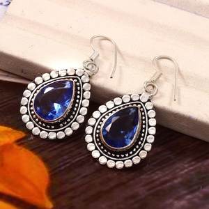 Boucles d'oreilles pendantes en argent sterling saphir bleu, bijoux bohèmes en argent 925 pour femmes, cadeau, fournisseur en gros - Product Image 4