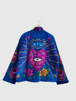 Blouson bleu à col mandarin brodé à la main avec motif géométrique, manches longues, style velours, pour adulte, collection automne