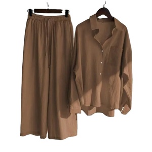 Conjunto de camisa de lino y algodón holgada informal de verano para mujer, Blusa de manga larga, abrigo superior, bolsillo y Pantalón recto de pierna ancha, traje de casa - Product Image 1