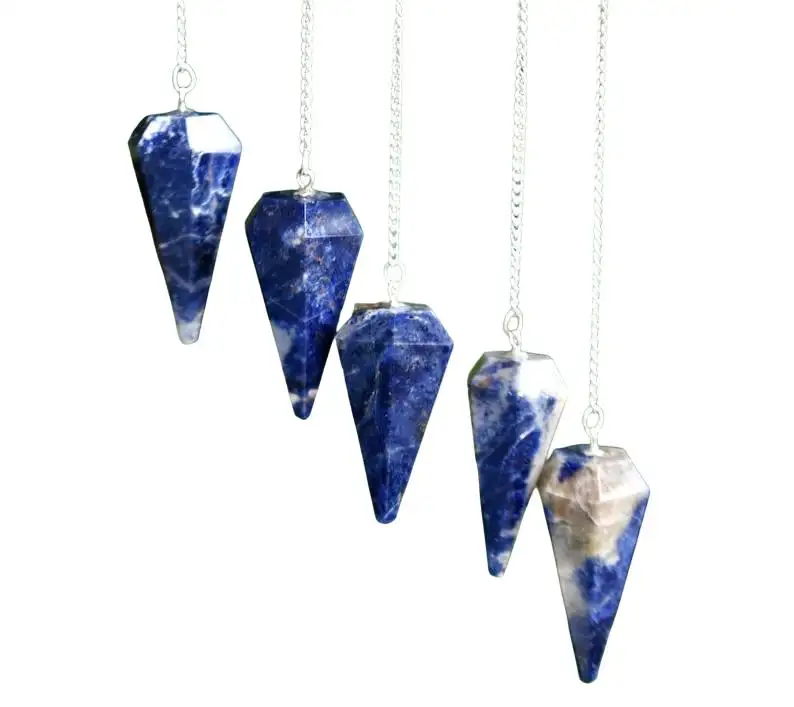 Esclusivo naturale blu scuro Chakra pietra Sodalite cono sfaccettato pendolo cura pendolo con catena di cristallo regalo decorazione Orgone