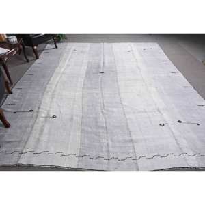 Alfombra de lana turca Vintage Chic 9x10ft tejido plano de retazos grises para decoraciones de sala de estar con respaldo de látex - Product Image 1