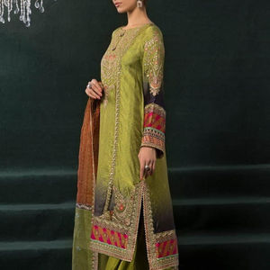 Robe pakistanaise 3 pièces en soie brodée pour femme pantalon évasé et organza Dupatta avec Shalwar Kameez pour les fêtes 4 saisons - Product Image 2