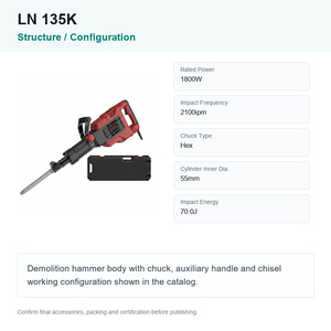 สว่านเจาะทำลายคอนกรีต LINOON LN 135K 1800W 17กก. แบบใช้ไฟฟ้า (น้ำมันหล่อลื่น) สำหรับงานอุตสาหกรรม OEM - Product Image 2