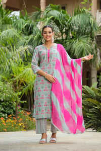 Kurta y pantalones de algodón puro con estampado floral verde para mujer con cuello Dupatta, mangas regulares de tres cuartos, decoración con lentejuelas - Product Image 2