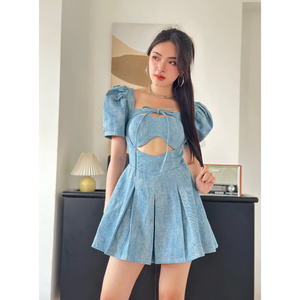 [Favorite] DR125 Pleated Denim Mini <b>Dress</b> Thick Fabric Good Elastic Form Comfortable Puff <b>Sleeves</b> Jumpsuit 2025 Dragonex - Product Image 1